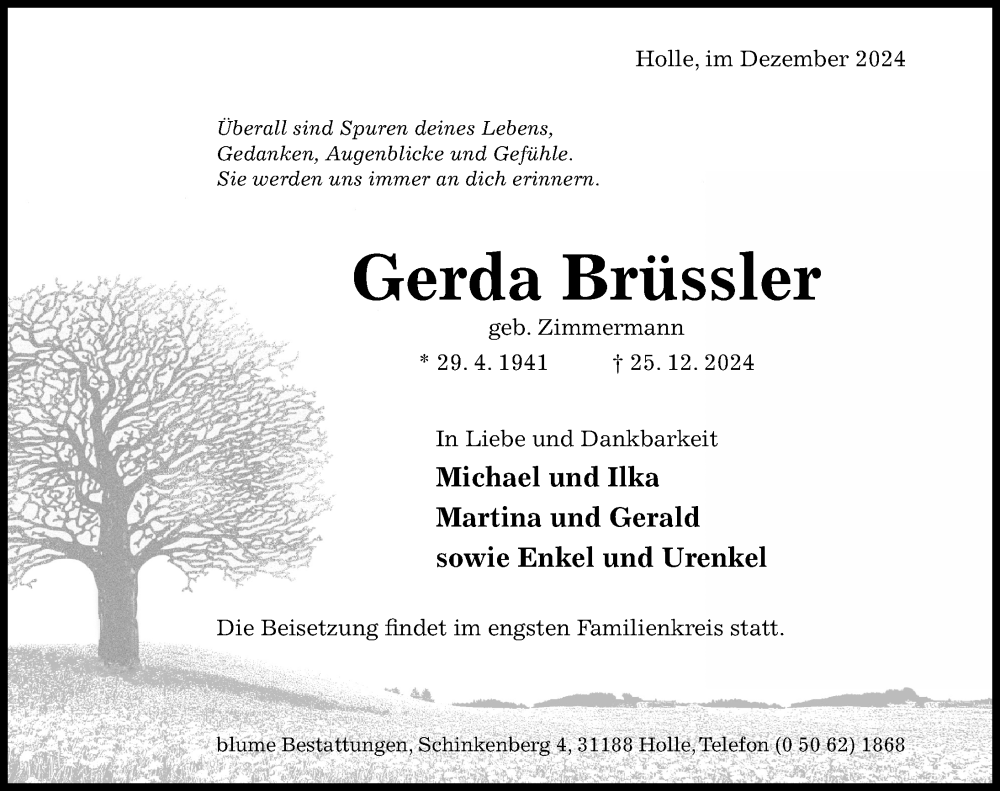  Traueranzeige für Gerda Brüssler vom 31.12.2024 aus Hildesheimer Allgemeine Zeitung