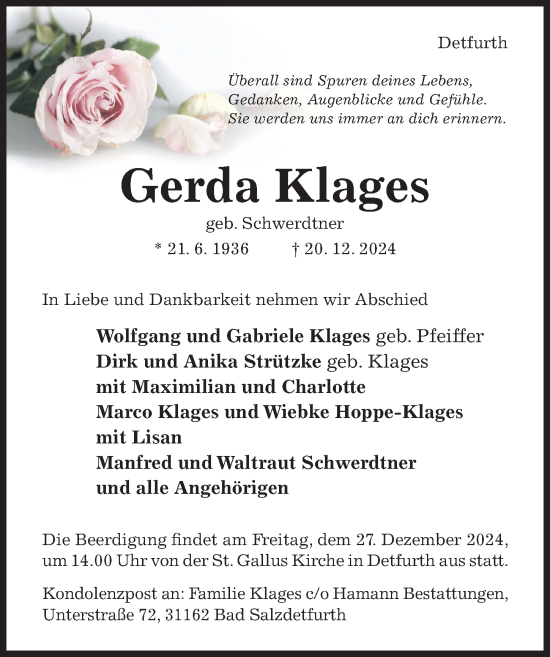 Traueranzeige von Gerda Klages von Hildesheimer Allgemeine Zeitung
