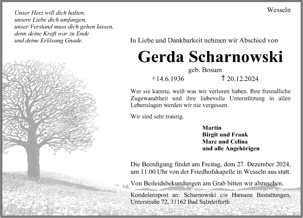  Traueranzeige für Gerda Scharnowski vom 23.12.2024 aus Hildesheimer Allgemeine Zeitung