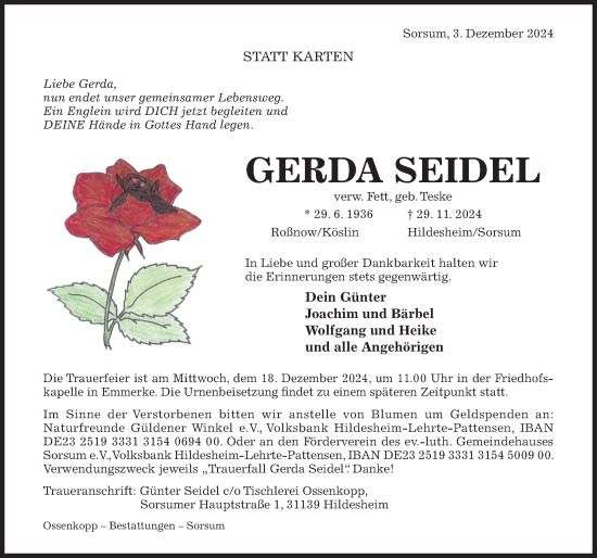 Traueranzeige von Gerda Seidel von Hildesheimer Allgemeine Zeitung