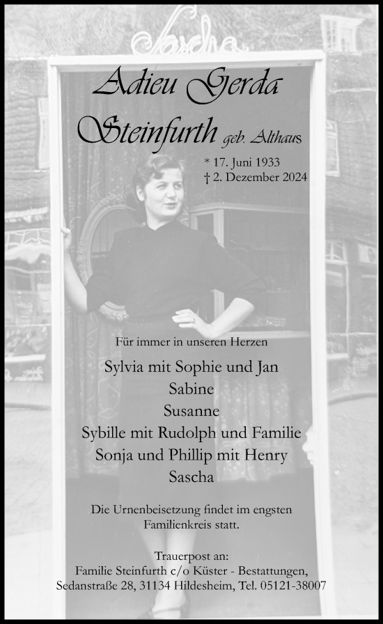 Traueranzeige von Gerda Steinfurth von Hildesheimer Allgemeine Zeitung