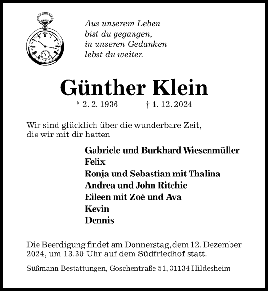 Traueranzeige von Günther Klein von Hildesheimer Allgemeine Zeitung