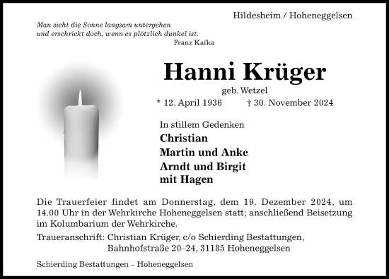 Traueranzeige von Hanni Krüger von Hildesheimer Allgemeine Zeitung