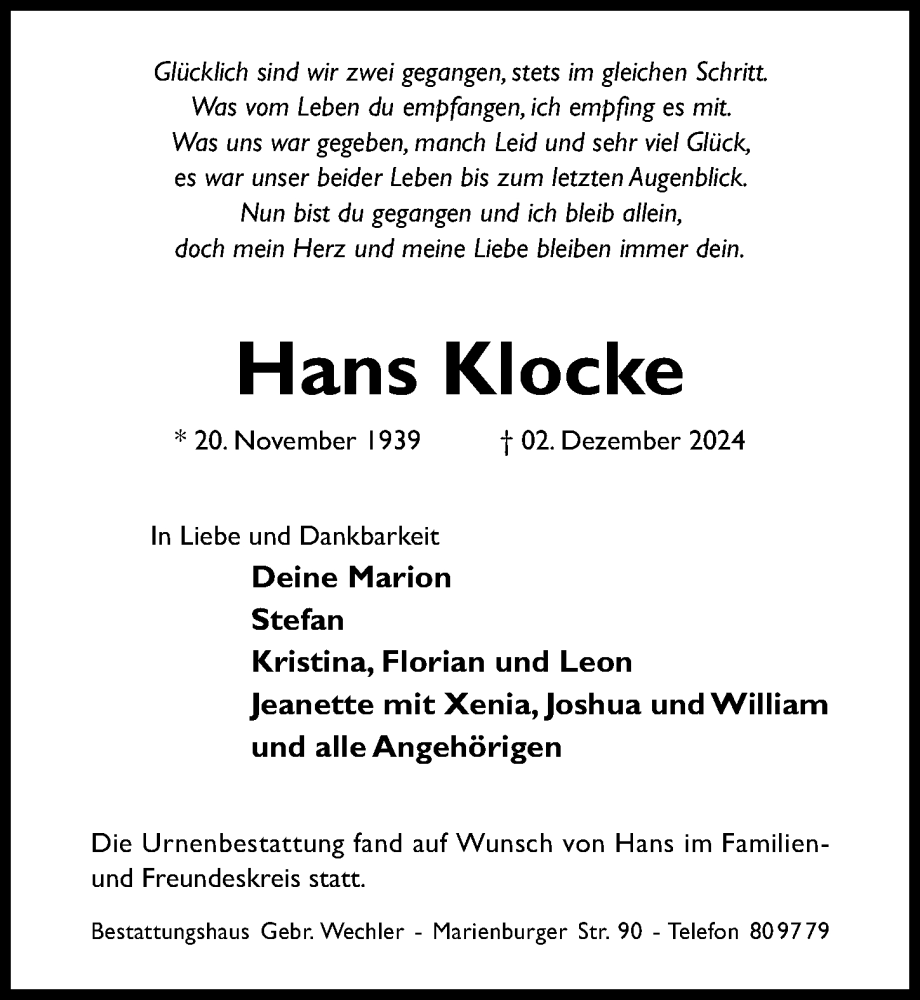  Traueranzeige für Hans Klocke vom 23.12.2024 aus Hildesheimer Allgemeine Zeitung
