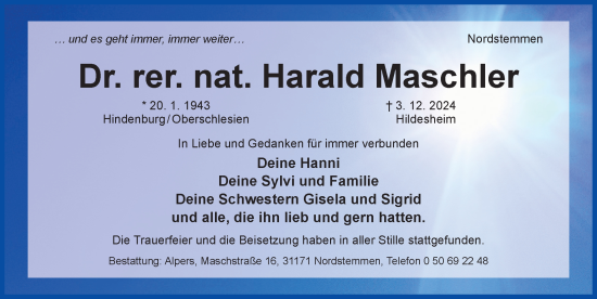 Traueranzeige von Harald Maschler von Hildesheimer Allgemeine Zeitung