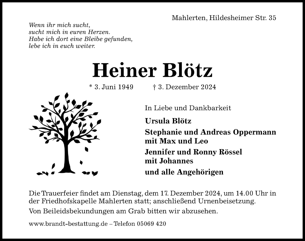  Traueranzeige für Heiner Blötz vom 11.12.2024 aus Hildesheimer Allgemeine Zeitung