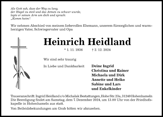 Traueranzeige von Heinrich Heidland von Hildesheimer Allgemeine Zeitung