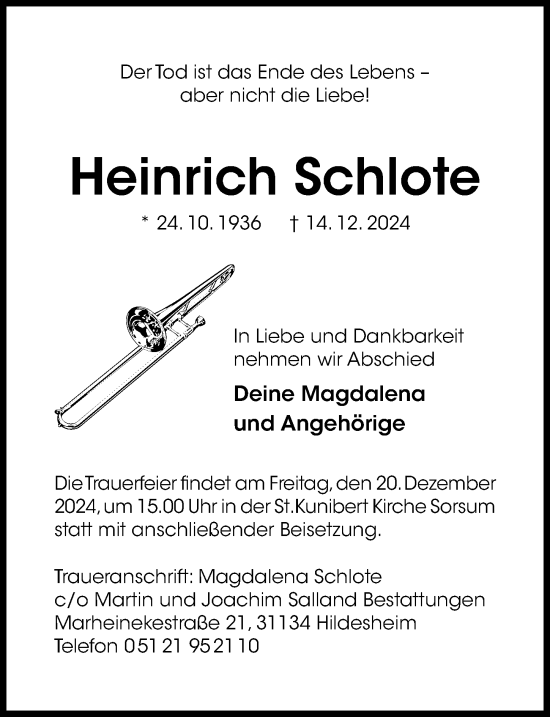 Traueranzeige von Heinrich Schlote von Hildesheimer Allgemeine Zeitung