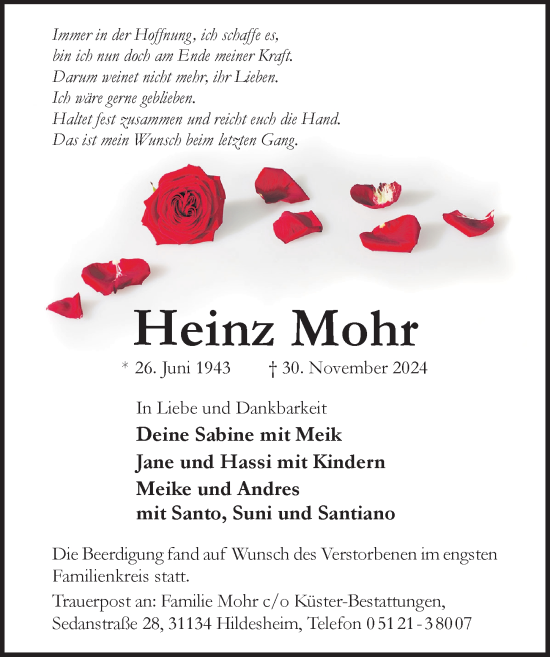 Traueranzeige von Heinz Mohr von Hildesheimer Allgemeine Zeitung
