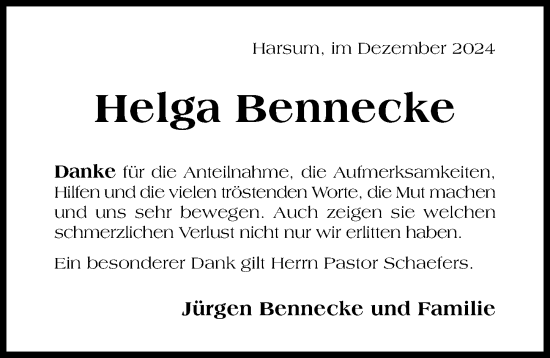 Traueranzeige von Helga Bennecke von Hildesheimer Allgemeine Zeitung