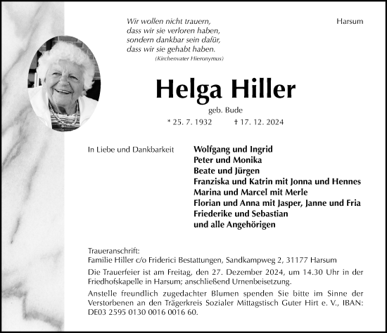 Traueranzeige von Helga Hiller von Hildesheimer Allgemeine Zeitung