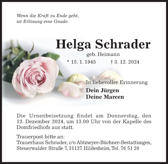 Traueranzeige von Helga Schrader von Hildesheimer Allgemeine Zeitung