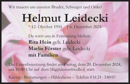 Traueranzeige von Helmut Leidecki von Hildesheimer Allgemeine Zeitung