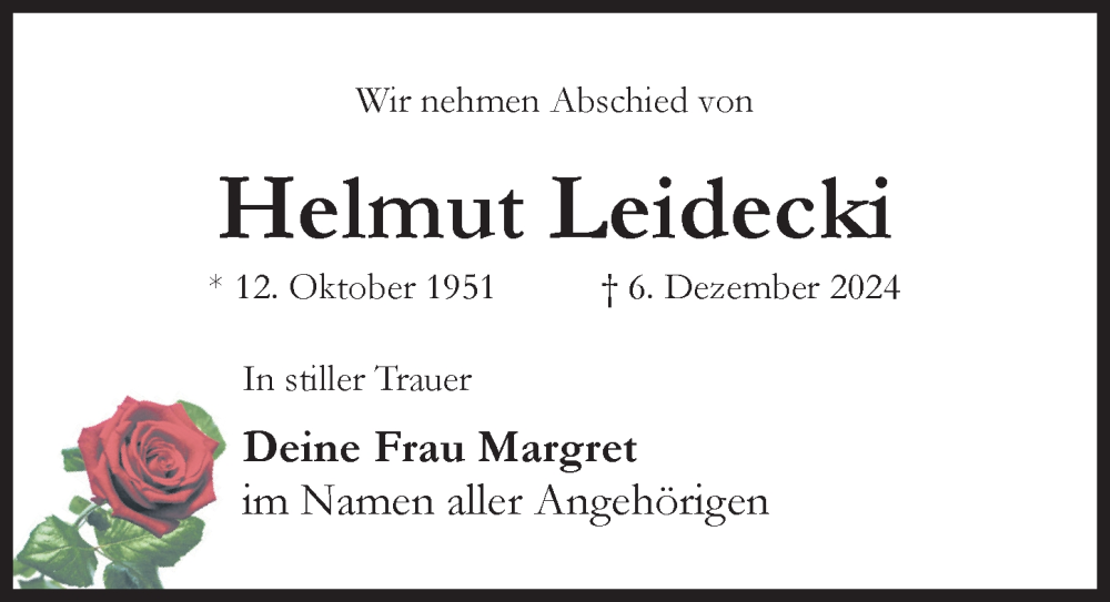  Traueranzeige für Helmut Leidecki vom 18.12.2024 aus Hildesheimer Allgemeine Zeitung