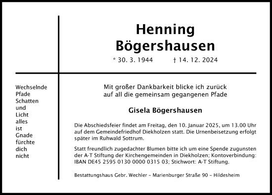 Traueranzeige von Henning Bögershausen von Hildesheimer Allgemeine Zeitung