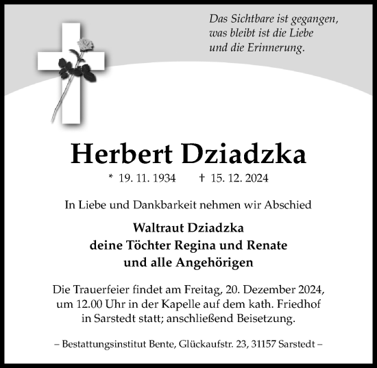 Traueranzeige von Herbert Dziadzka von Hildesheimer Allgemeine Zeitung