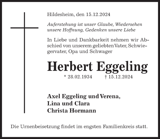 Traueranzeige von Herbert Eggeling von Hildesheimer Allgemeine Zeitung