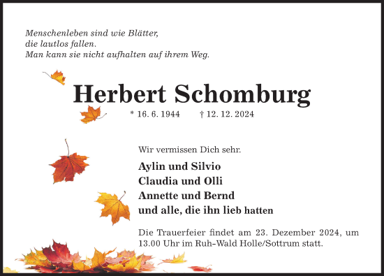 Traueranzeige von Herbert Schomburg von Hildesheimer Allgemeine Zeitung