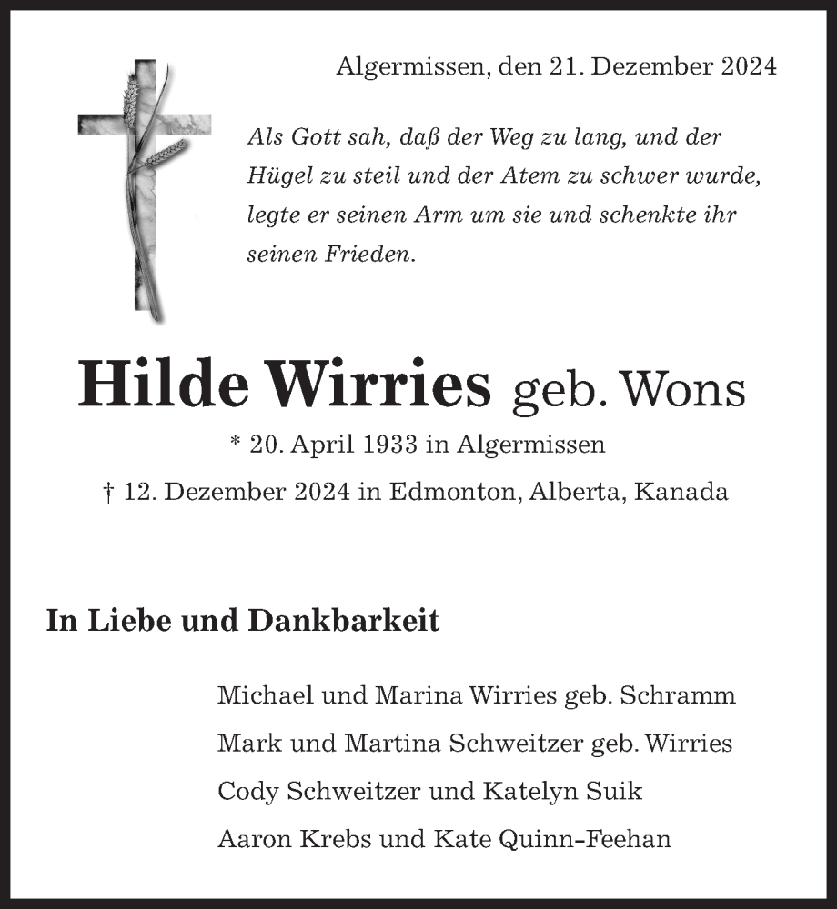  Traueranzeige für Hilde Wirries vom 21.12.2024 aus Hildesheimer Allgemeine Zeitung