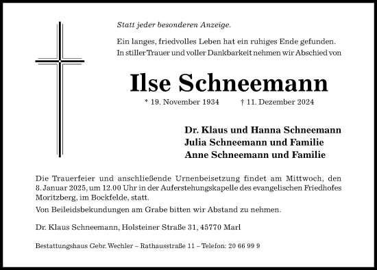 Traueranzeige von Ilse Schneemann von Hildesheimer Allgemeine Zeitung