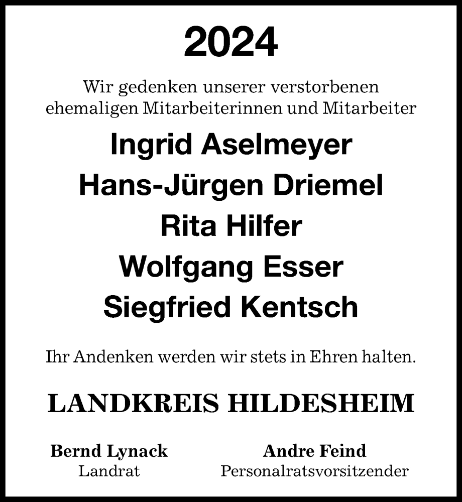  Traueranzeige für Ingrid Aselmeyer vom 28.12.2024 aus Hildesheimer Allgemeine Zeitung