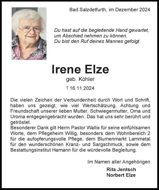 Traueranzeige von Irene Elze von Hildesheimer Allgemeine Zeitung