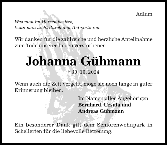 Traueranzeige von Johanna Gühmann von Hildesheimer Allgemeine Zeitung