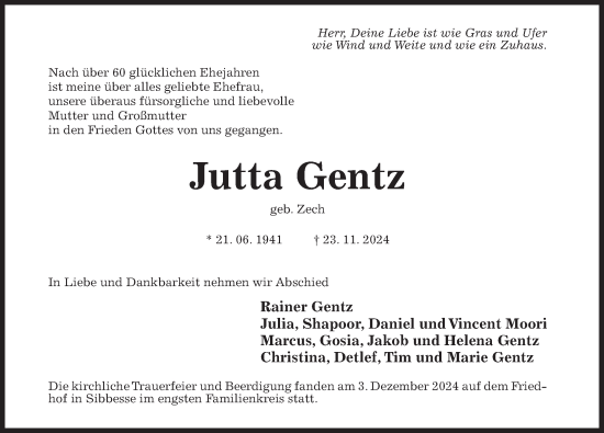 Traueranzeige von Jutta Gentz von Hildesheimer Allgemeine Zeitung