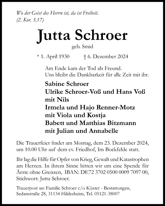 Traueranzeige von Jutta Schroer von Hildesheimer Allgemeine Zeitung