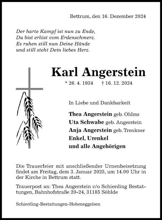 Traueranzeige von Karl Angerstein von Hildesheimer Allgemeine Zeitung