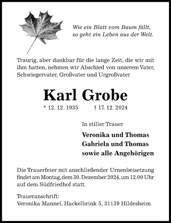 Traueranzeige von Karl Grobe von Hildesheimer Allgemeine Zeitung