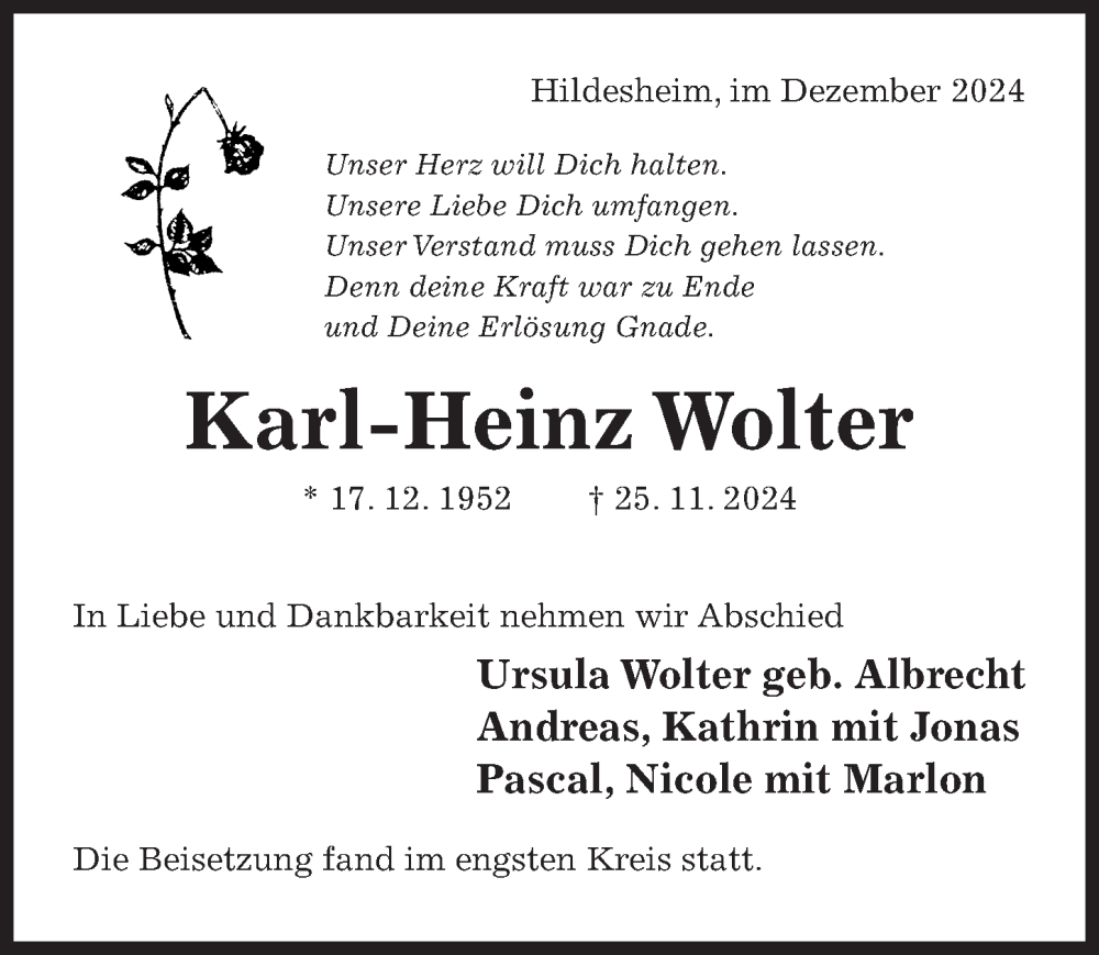  Traueranzeige für Karl-Heinz Wolter vom 14.12.2024 aus Hildesheimer Allgemeine Zeitung