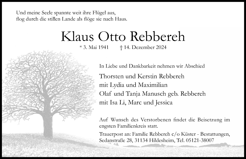  Traueranzeige für Klaus Otto Rebbereh vom 21.12.2024 aus Hildesheimer Allgemeine Zeitung