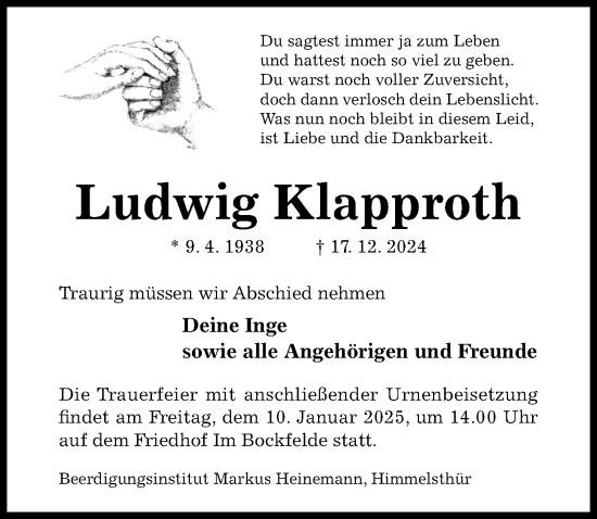 Traueranzeige von Ludwig Klapproth von Hildesheimer Allgemeine Zeitung