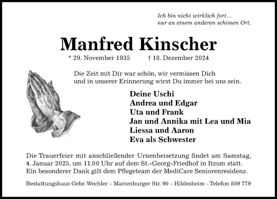 Traueranzeige von Manfred Kinscher von Hildesheimer Allgemeine Zeitung
