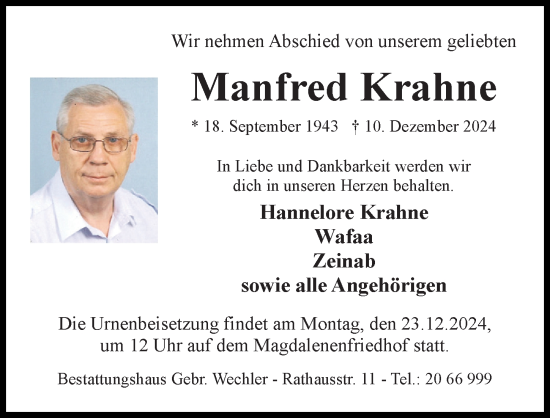 Traueranzeige von Manfred Krahne von Hildesheimer Allgemeine Zeitung