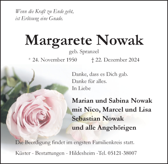 Traueranzeige von Margarete Nowak von Hildesheimer Allgemeine Zeitung