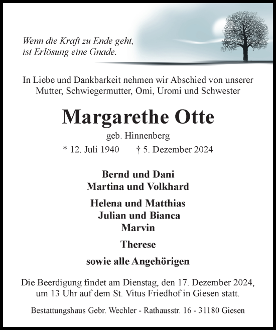 Traueranzeige von Margarethe Otte von Hildesheimer Allgemeine Zeitung