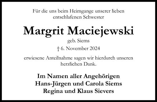 Traueranzeige von Margrit Maciejewski von Hildesheimer Allgemeine Zeitung