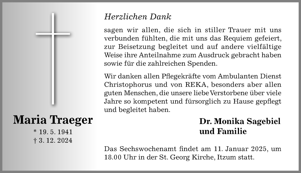  Traueranzeige für Maria Traeger vom 28.12.2024 aus Hildesheimer Allgemeine Zeitung