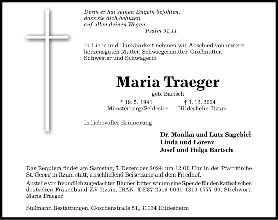 Traueranzeige von Maria Traeger von Hildesheimer Allgemeine Zeitung