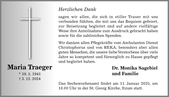 Traueranzeige von Maria Traeger von Hildesheimer Allgemeine Zeitung