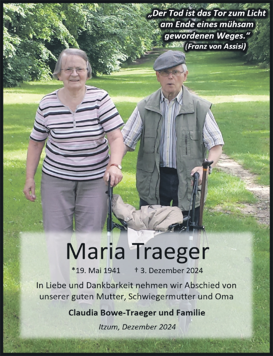 Traueranzeige von Maria Traeger von Hildesheimer Allgemeine Zeitung