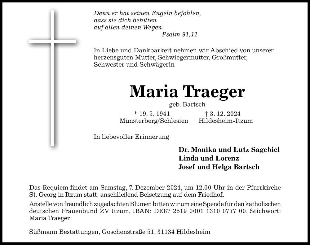  Traueranzeige für Maria Traeger vom 06.12.2024 aus Hildesheimer Allgemeine Zeitung