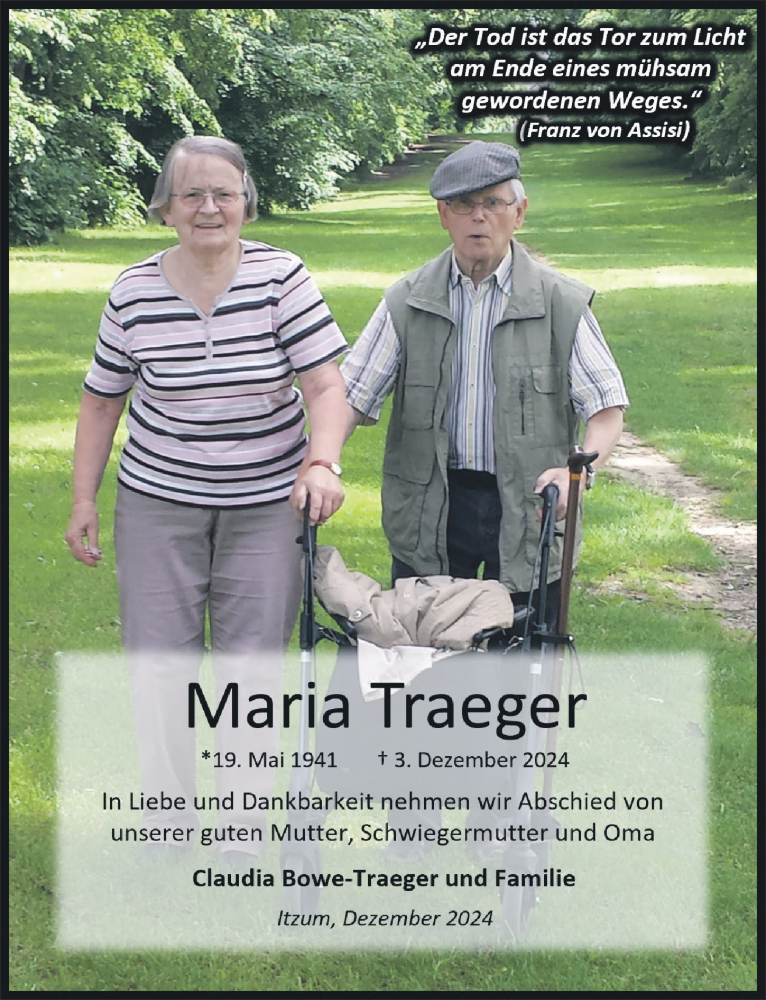  Traueranzeige für Maria Traeger vom 07.12.2024 aus Hildesheimer Allgemeine Zeitung