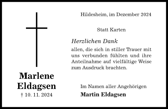 Traueranzeige von Marlene Eldagsen von Hildesheimer Allgemeine Zeitung