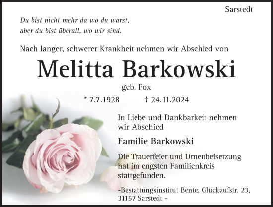 Traueranzeige von Melitta Barkowski von Hildesheimer Allgemeine Zeitung