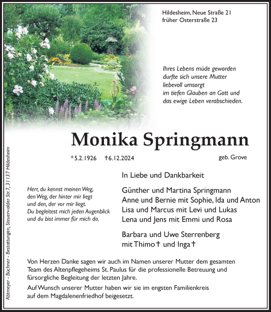 Traueranzeige von Monika Springmann von Hildesheimer Allgemeine Zeitung