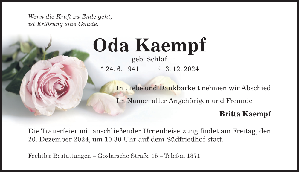  Traueranzeige für Oda Kaempf vom 14.12.2024 aus Hildesheimer Allgemeine Zeitung