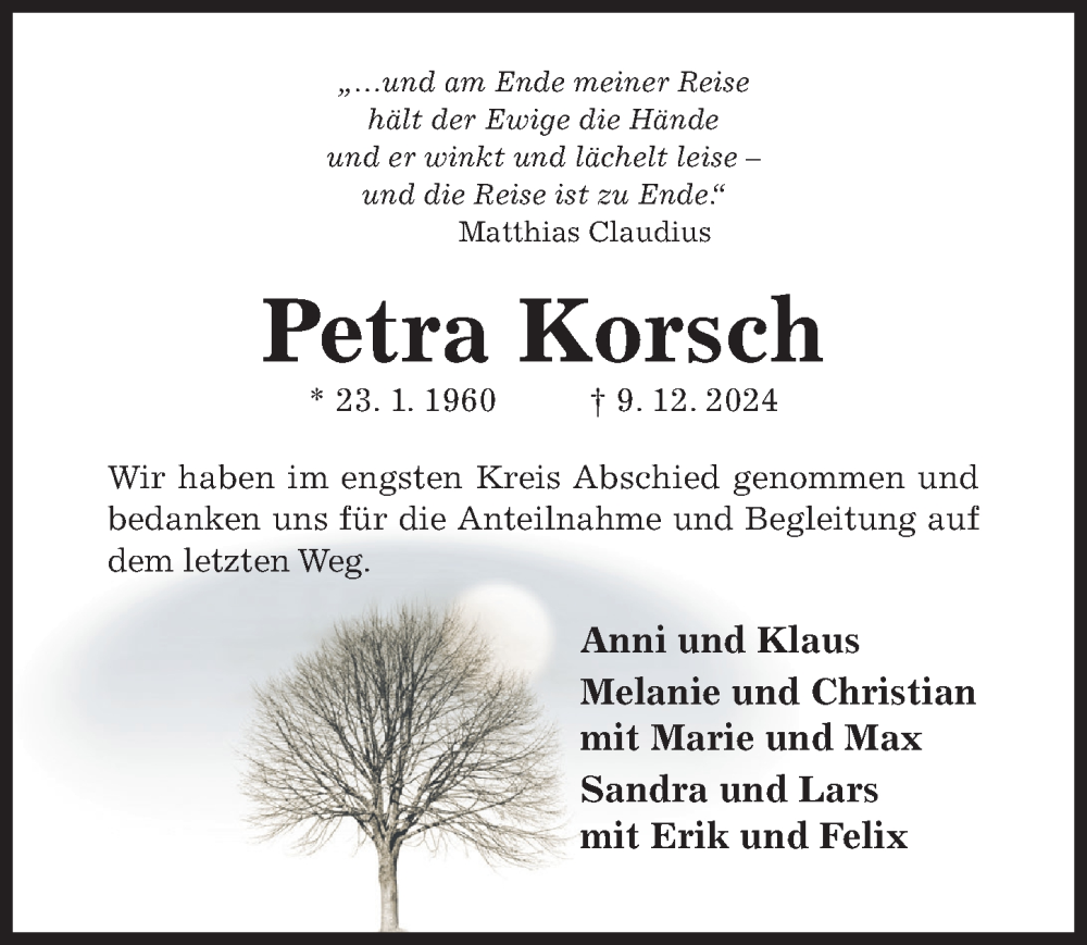  Traueranzeige für Petra Korsch vom 28.12.2024 aus Hildesheimer Allgemeine Zeitung